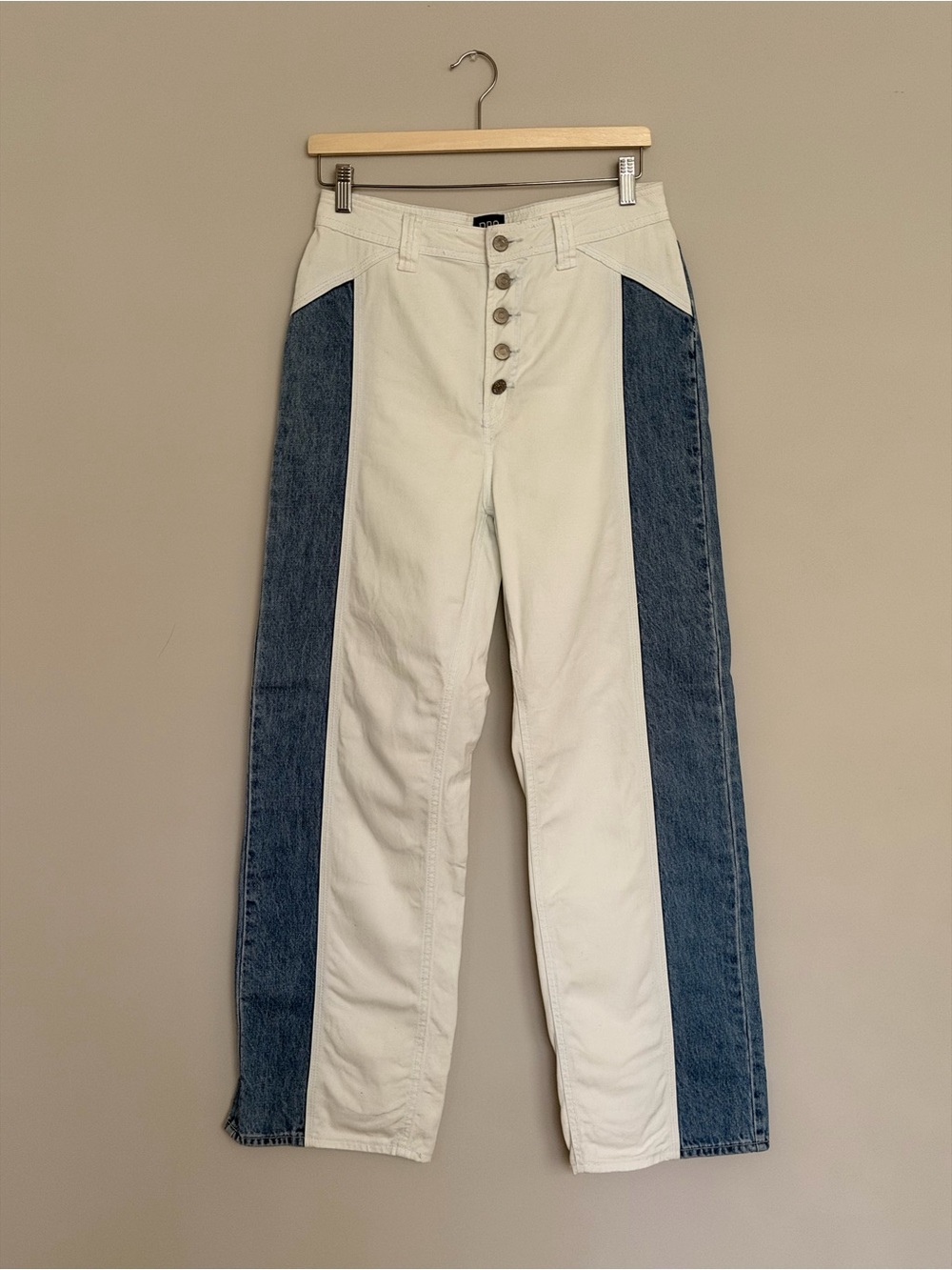 BDG Two-Tone Straight Leg Jeans in Cream and Denim